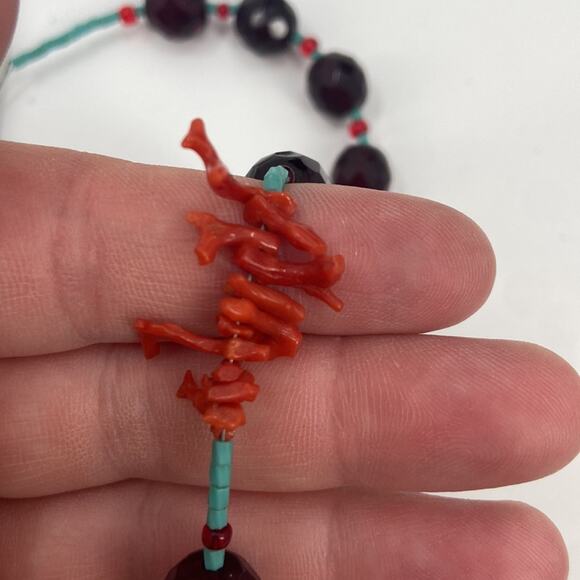 Handmade garnet turquoise coral beaded necklace - Picture 4 of 5